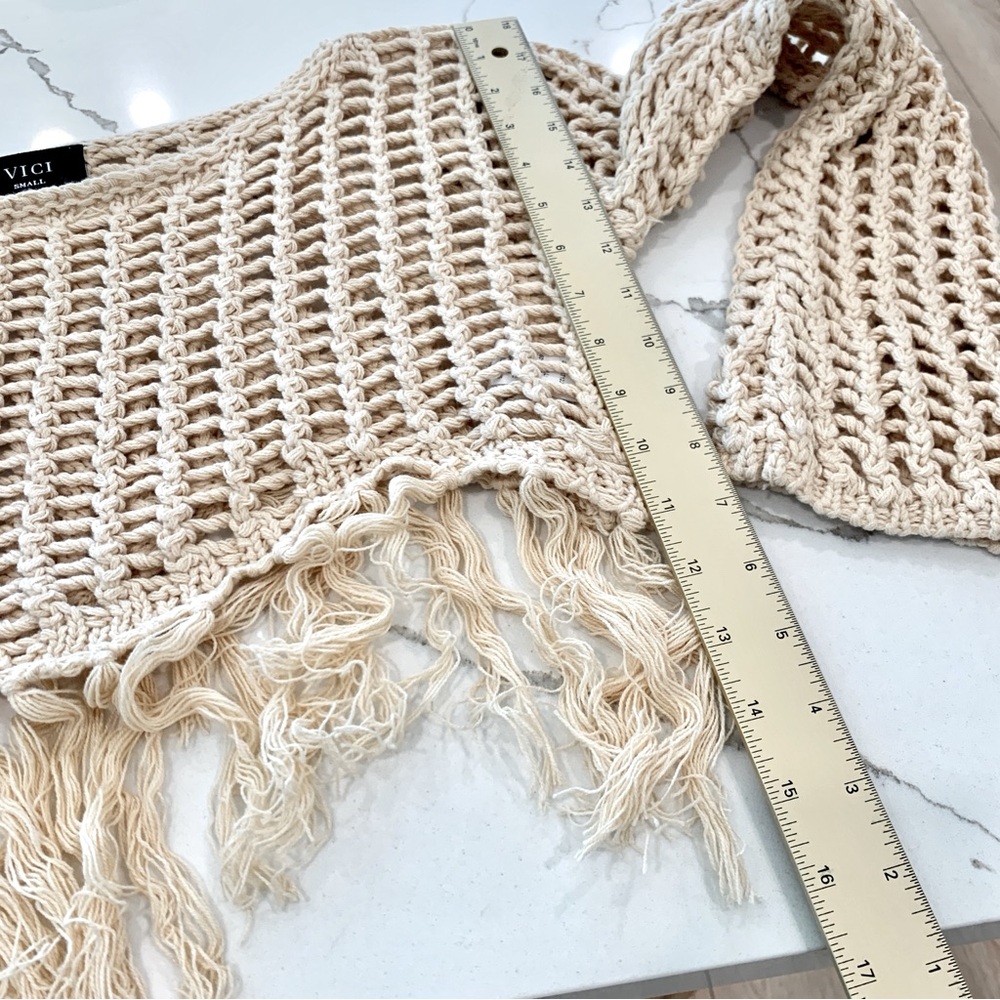 🌞 VICI Arloe Open Knit Fringe Crochet Top Crop Sweater Cream Small S - Picture 10 of 14